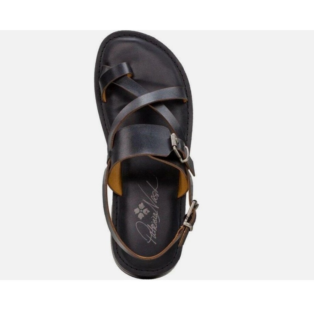 Patricia Nash Fidella Black Leather Toe Loop Gladiator Buckle Flat Sandals 6.5